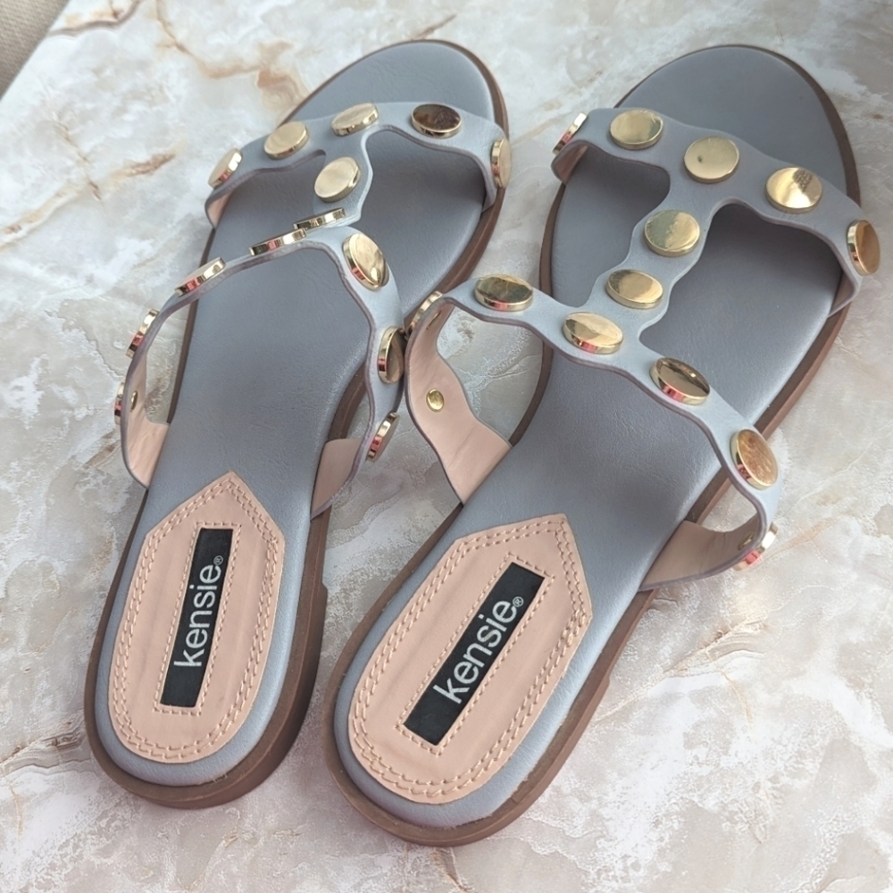 Kensie Manette Slip On Sandals Dusty Blue Gold Hardware Size 8M